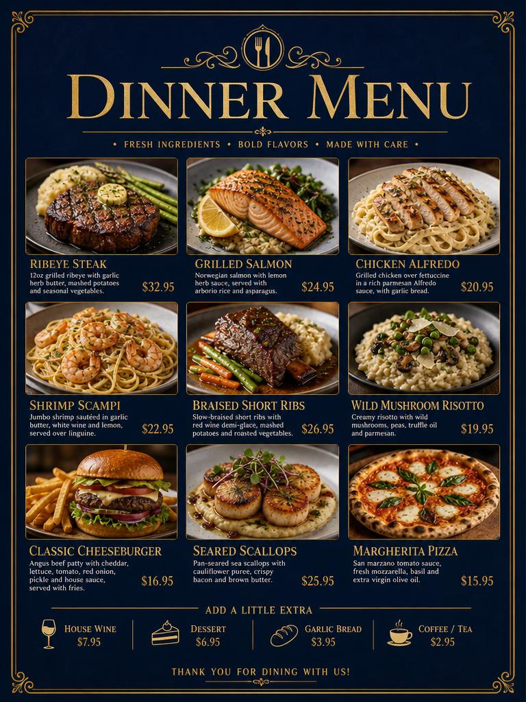 Branded picture menu made with Ai-infosheets: dish photos, descriptions and prices laid out on one printable page